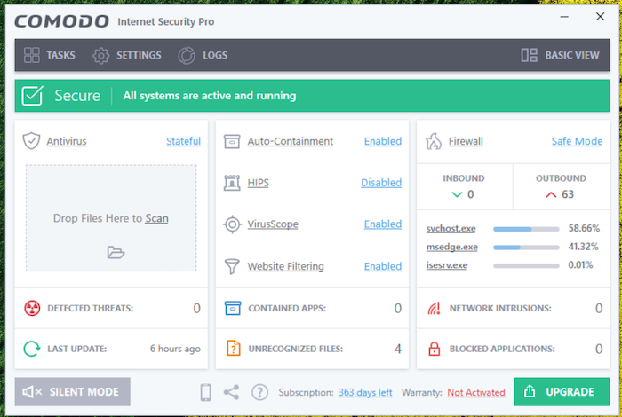 The Comodo dashboard lets you set up and access other security features like HIPS and the firewall.