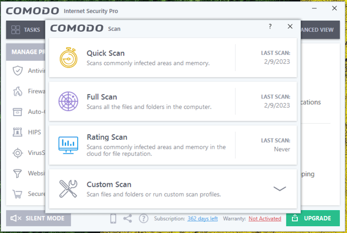 Comodo offers a variety of different antivirus scans.