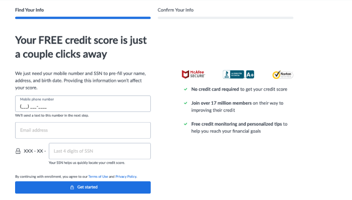 Credit Sesame's account signup page.