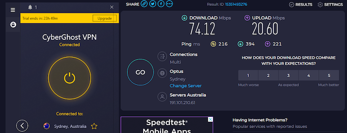 While connected to CyberGhost's Sydney, Australia, server, we saw a drop in internet speeds all around — download speeds of 74.1 Mbps, upload speeds of 20.6 Mbps, and latency of 216 ms.