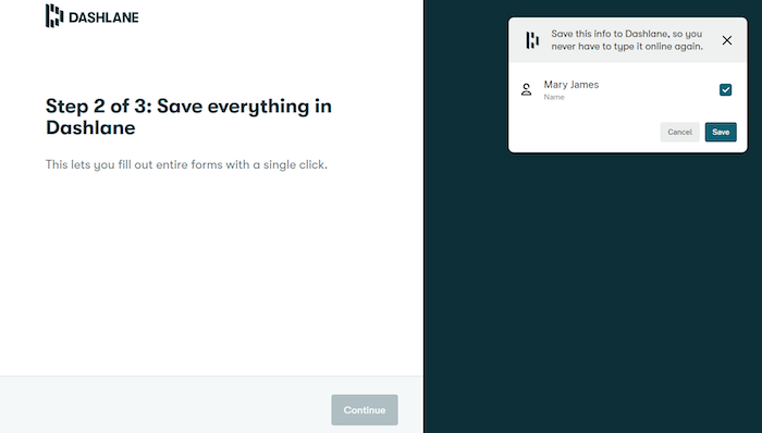 Dashlane's tutorial helps you set up your first identity so you can easily fill in forms.