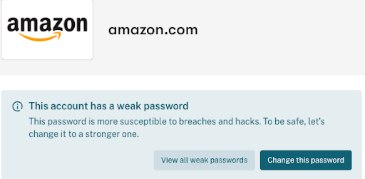 Dashlane pointing out that your Amazon account has a weak password.