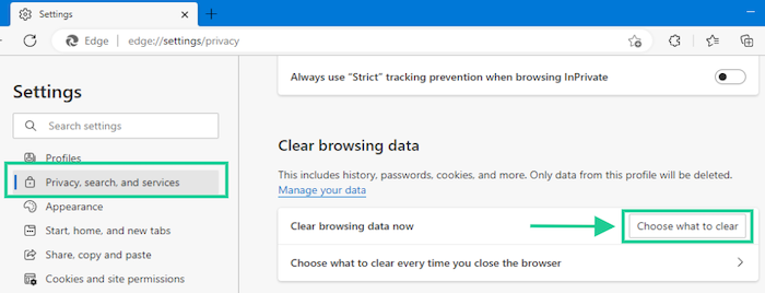 In the Microsoft Edge settings menu, choose the Privacy, search, and services option to begin deleting your cookies.
