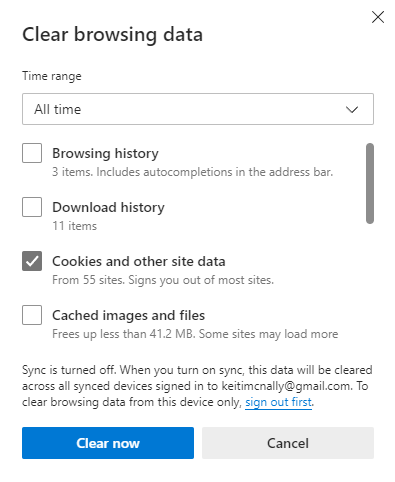 When clearing your Microsoft Edge browsing data, select "Cookies and other site data" and tap Clear now to delete your browser cookies.