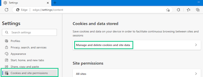 To clear cookies from a specific website in Microsoft Edge, choose the Cookies and site permissions option in your Settings menu.