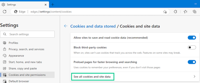 Select See all cookies and site data to see all the cookies stored on your device and which sites created them.