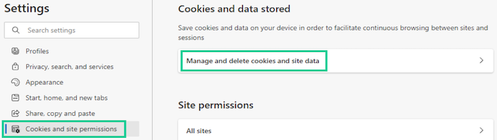 You can re-enable cookies in Microsoft Edge by visiting the Cookies and site permissions section of your Settings menu.