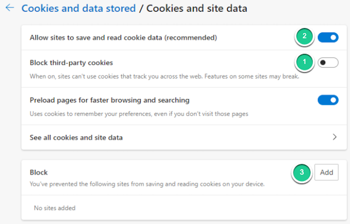Microsoft Edge lets you disable or enable cookies, and also has an option to block cookies from a specific website.