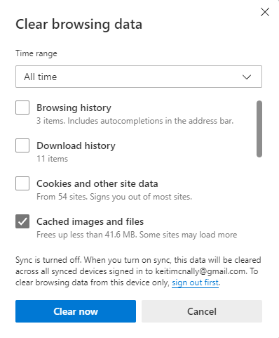 In the Clear browsing data menu, check Cached images and files to delete your Microsoft Edge cache.