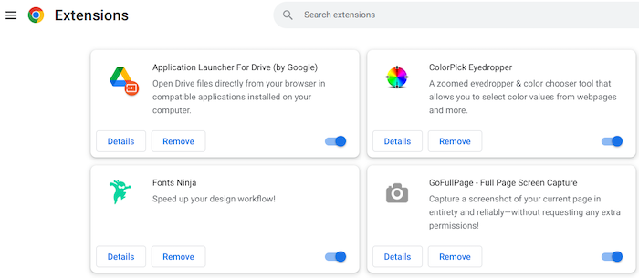 Some of the Chrome extensions on our Chromebook include Application Launcher, Fonts Ninja, and ColorPick Eyedropper. We checked all these to ensure they're safe.