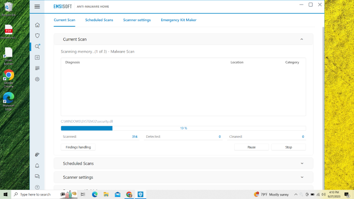 Emsisoft Anti-Malware dashboard in the process of running a malware scan.