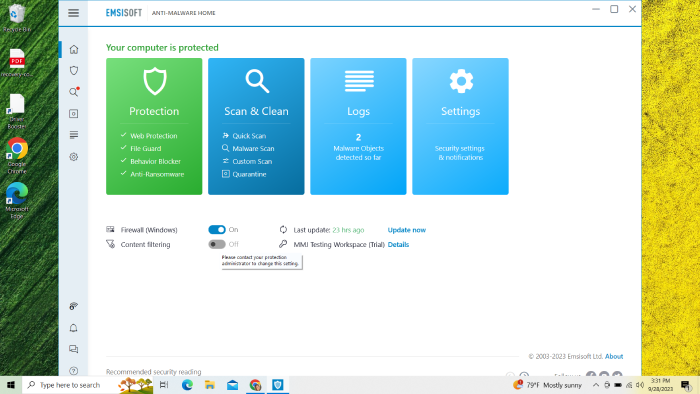 The main Emsisoft Dashboard with a pop-up requesting the user contact the program administrator to use content filtering.