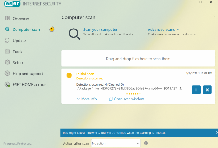 The ESET Internet Security dashboard on the computer scan screen with an unknown file detected.