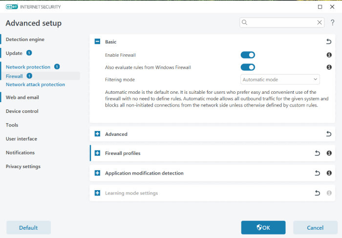 The ESET Internet Security dashboard on the advanced setup section for firewall settings.