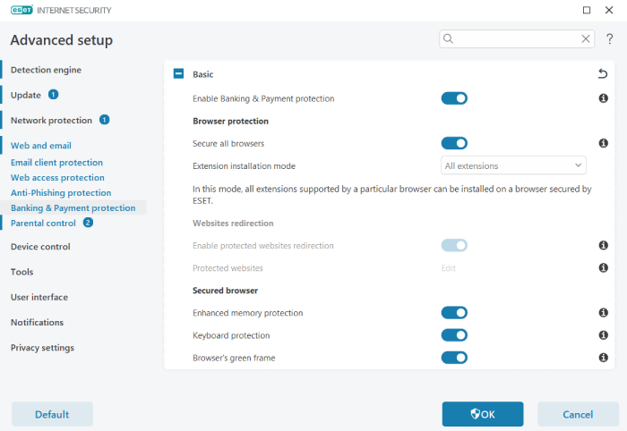 The ESET Internet Security dashboard on the advanced setup section for browser protection settings.