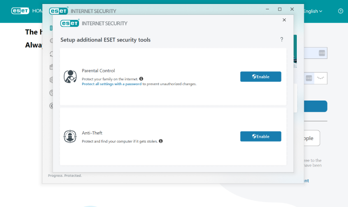ESET Antivirus security tools for parental controls and anti-theft.