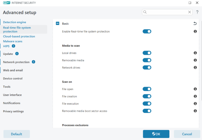 ESET Antivirus' real-time protection settings.