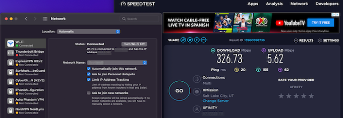 Our internet speed test using Wi-Fi showed download speeds of 326 Mbps and upload speeds of 6 Mbps.