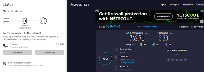 Our internet speed test results while using an Ethernet connected saw download speeds of 763 Mbps and upload speeds of 3 Mbps.