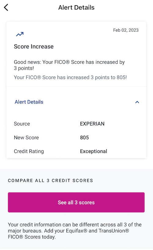 You can also see when your credit score or FICO score increases or decreases.