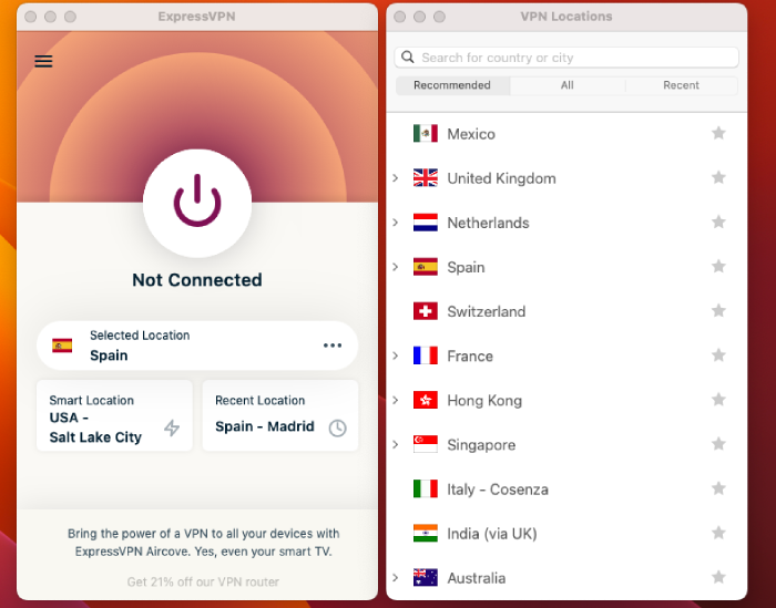 The ExpressVPN dashboard while connected to a server in Spain.