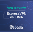 A blue background with images of locks and shields with the text &quot;ExpressVPN vs. HMA&quot; and the All About Cookies logo. 