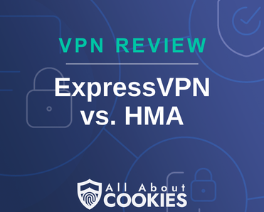 A blue background with images of locks and shields with the text &quot;ExpressVPN vs. HMA&quot; and the All About Cookies logo. 