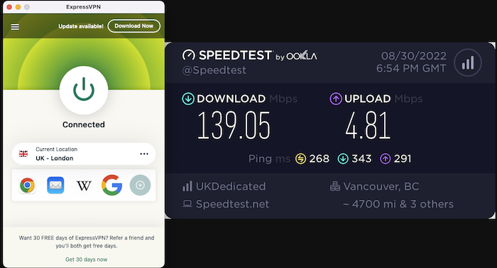 ExpressVPN showed dramatically higher download and upload speeds across all server locations, including London in the U.K.