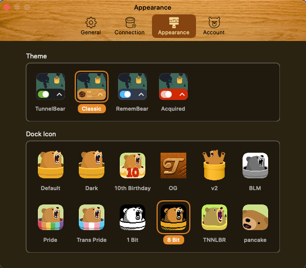 TunnelBear's appearance settings for themes and icons.