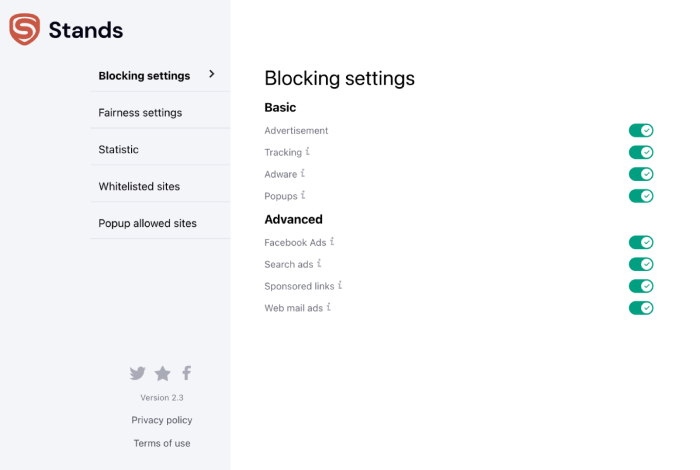Stands Fair AdBlocker basic and advanced blocking settings.