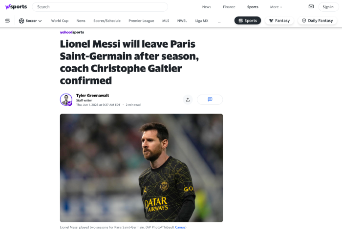 A Yahoo Sports article on Lionel Messi without ads, thanks to the Stands Fair Adblocker.