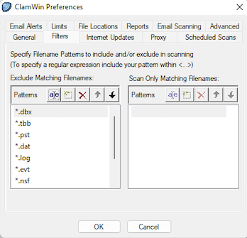 ClamWin's Filters preferences