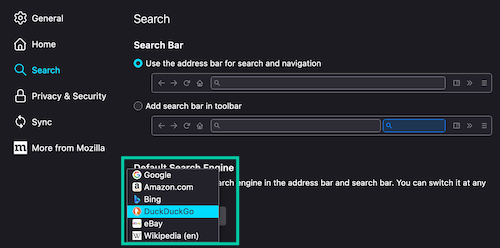 You can change your default search engine on Firefox to DuckDuckGo