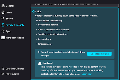 Choose Strict when it comes to your cookie and tracker blocking in Firefox