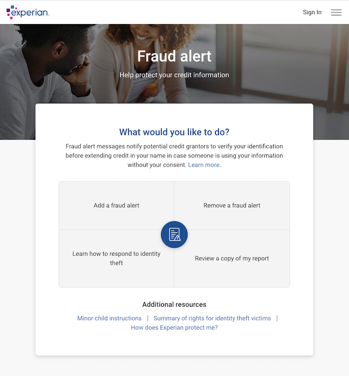 Experian main page for fraud alerts.