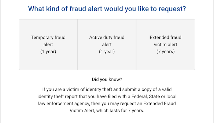 Experian page explaining the different types of fraud alerts.