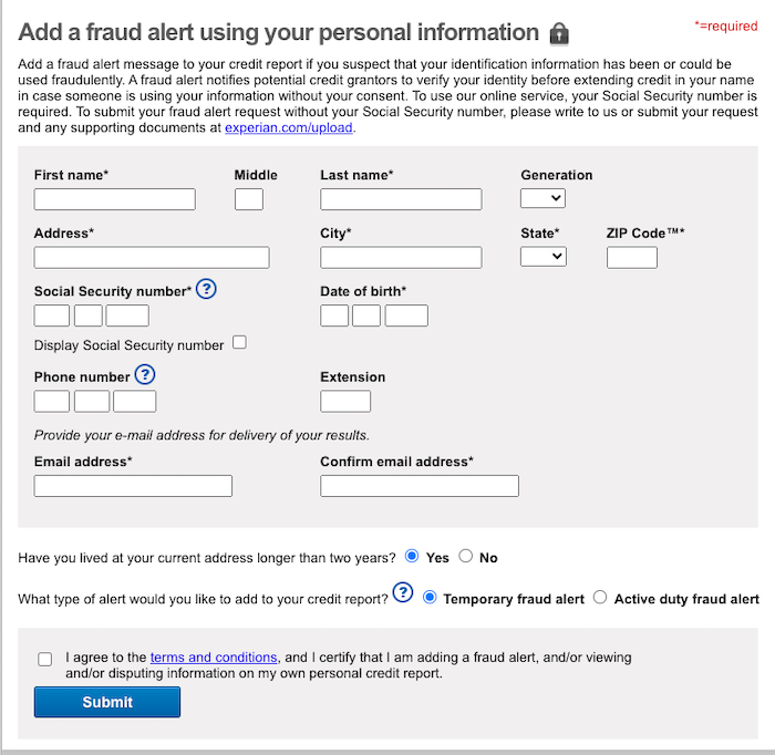 Experian form for adding a fraud alert to your personal information.