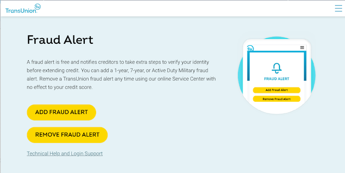 TransUnion webpage for fraud alerts.