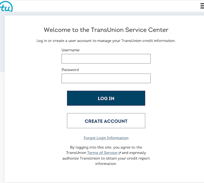 TransUnion Service Center login page.