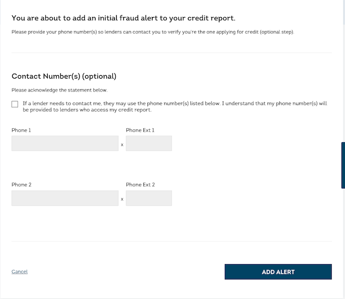 TransUnion form requesting your contact information to add a fraud alert