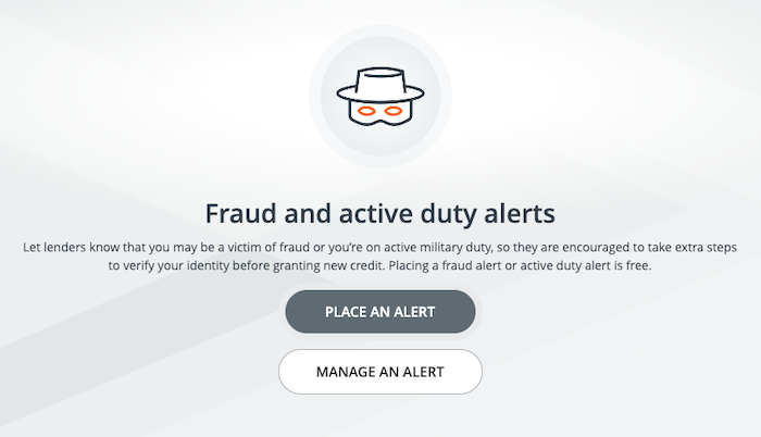 Equifax page for adding fraud and active duty alerts.