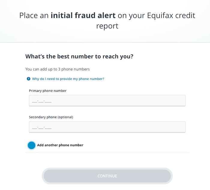 Equifax page requesting your phone number to place an initial fraud alert.