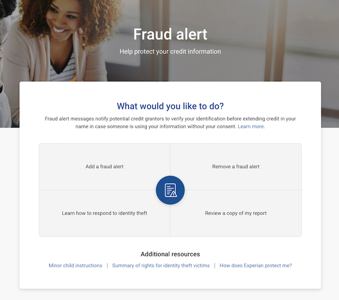 Experian main page for fraud alerts.