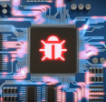 An illustration of a circuit board and microchip with a bug symbol representing a computer virus on it