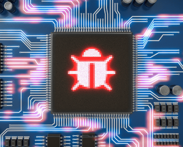 An illustration of a circuit board and microchip with a bug symbol representing a computer virus on it