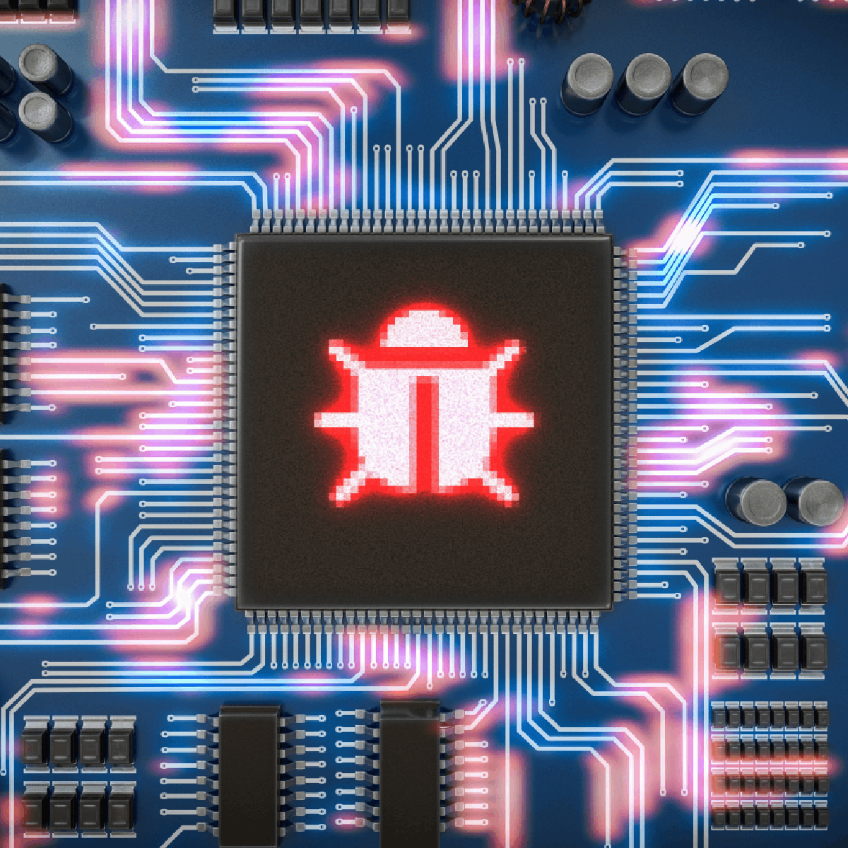 An illustration of a circuit board and microchip with a bug symbol representing a computer virus on it