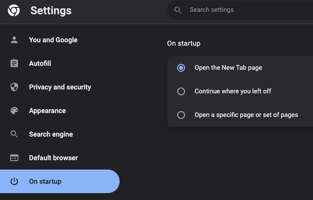 A screenshot of the Google Chrome On Startup settings