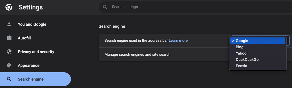 A screenshot of the Google Chrome Search engine settings