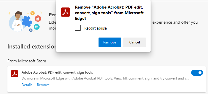 A screenshot of Microsoft Edge showing a pop-up notification asking for confirmation to remove the Adobe Acrobat extension