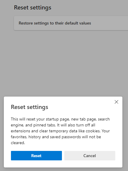 A screenshot of Microsoft Edge with the Reset settings confirmation notification shown